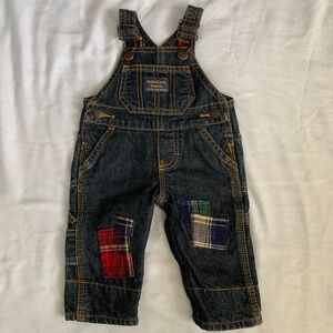 OshKosh B'gosh Dark Denim Jean Overalls Boy Sz.3m Plaid Patches Accents